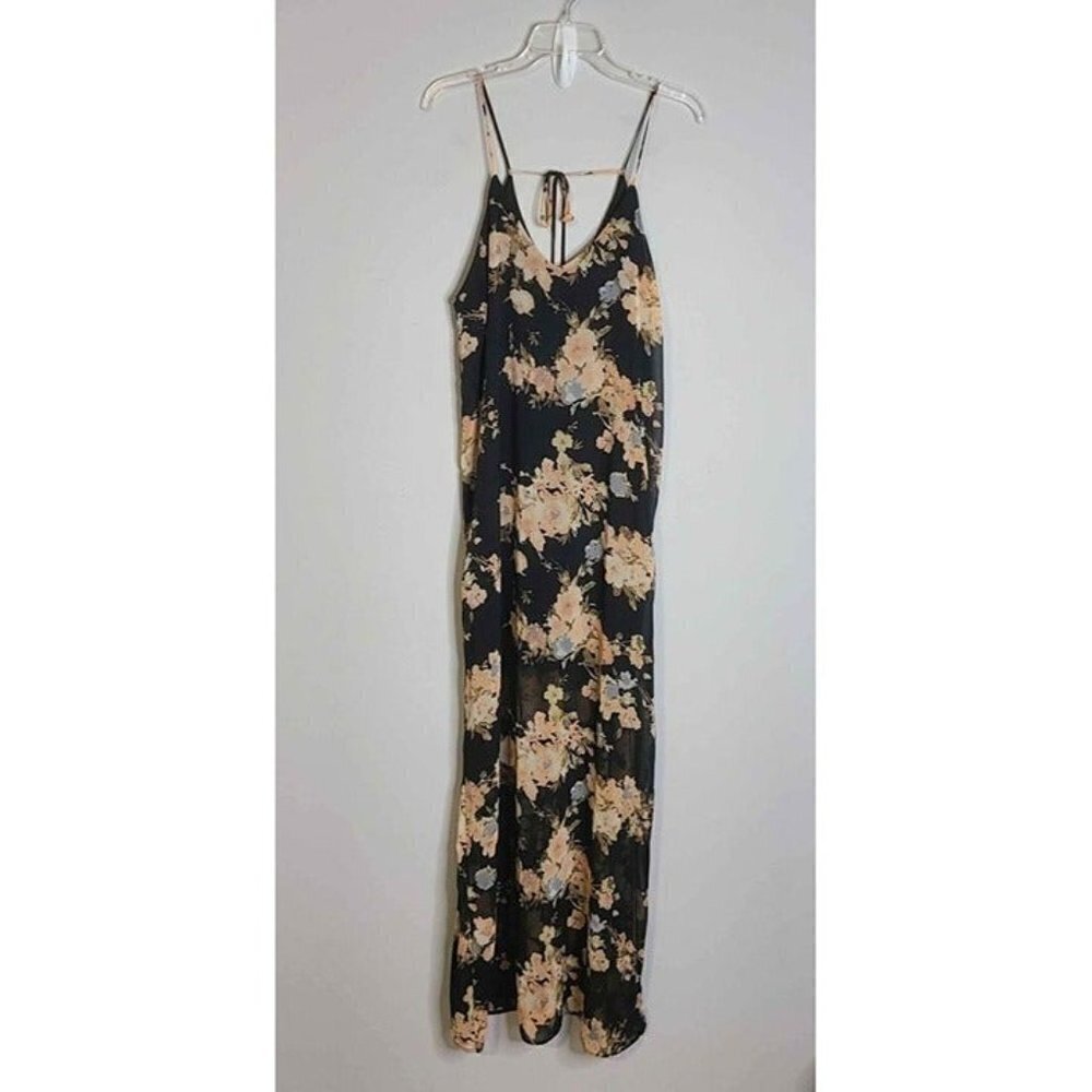 Daytrip Black Floral Spaghetti Strap Tie Back Half Lined Side Split Maxi Dress